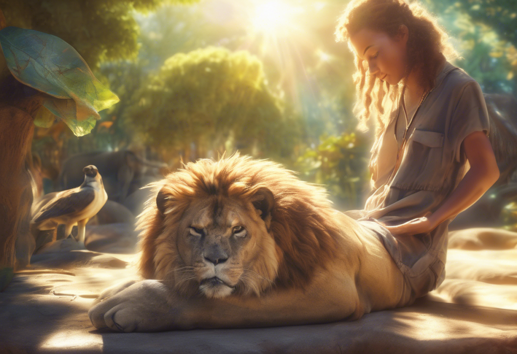 woman and lion communicating and healing